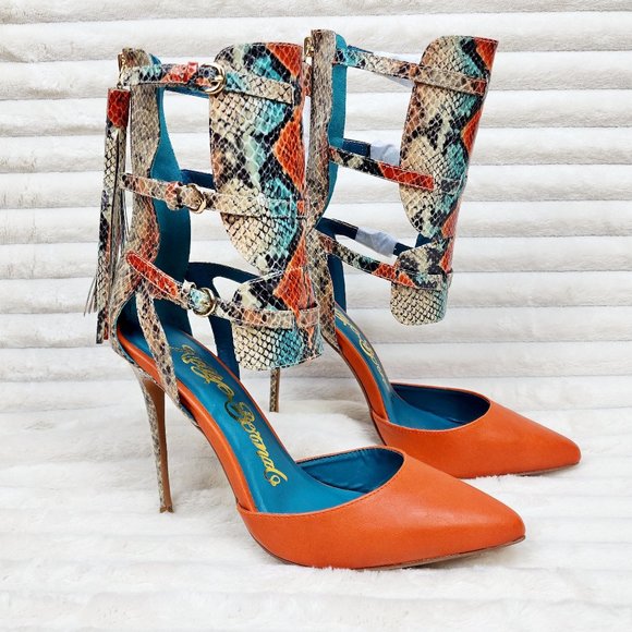 Nelly Bernal Shoes - Unique Colorful Shoes Copper Snake Print Nelly Bernal Stiletto High Heels Tassle